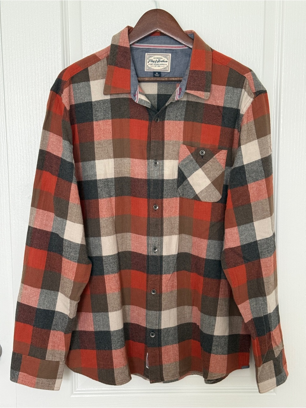 Flag & Anthem Women’s Flannel Shirt Red, Orange, Grey Plaid Size XL
